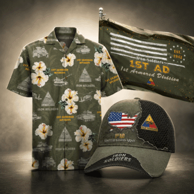 US ARMY 1ST ARMORED DIVISION 1 Hawaiian + 1 Cap + 1 Branch Flag Bundle