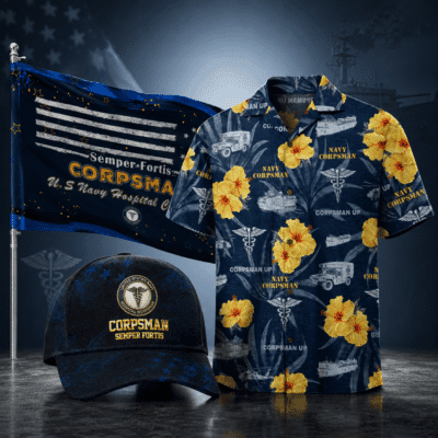 US NAVY CORPSMAN 1 Hawaiian + 1 Cap + 1 Branch Flag Bundle