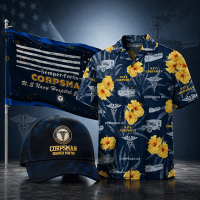 US NAVY CORPSMAN 1 Hawaiian + 1 Cap + 1 Branch Flag Bundle