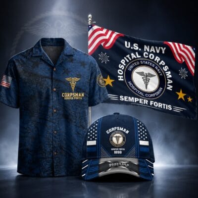 US NAVY CORPSMAN 1 Hawaiian + 1 Cap + 1 Branch Flag Bundle