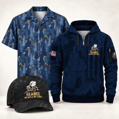 US NAVY SEABEES Quarter Zip + Hawaiian + Cap Bundle